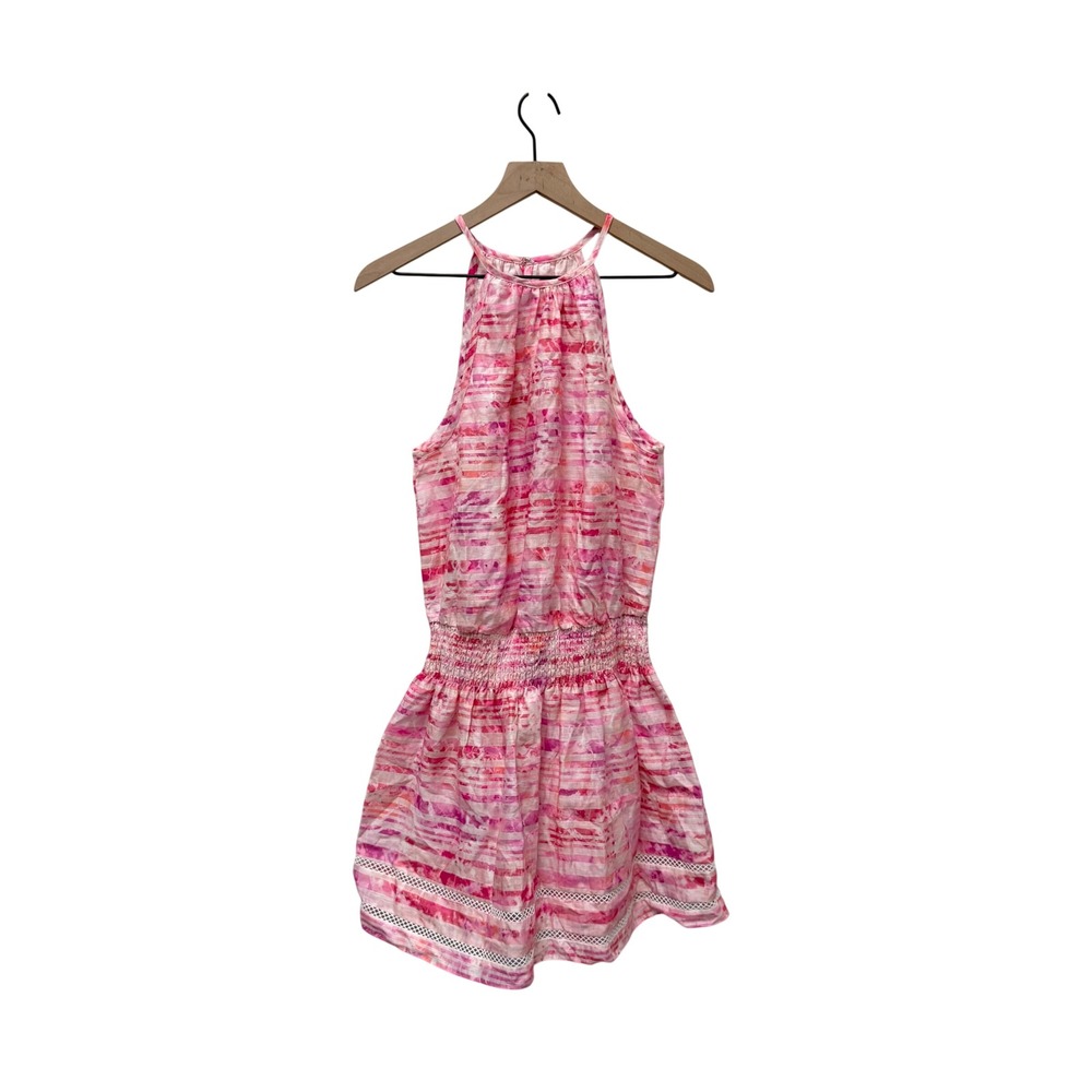 Ramy Brook Linen Pink Watercolor Stripe Smocked Halter Mini Dress Size Medium - Picture 3 of 9